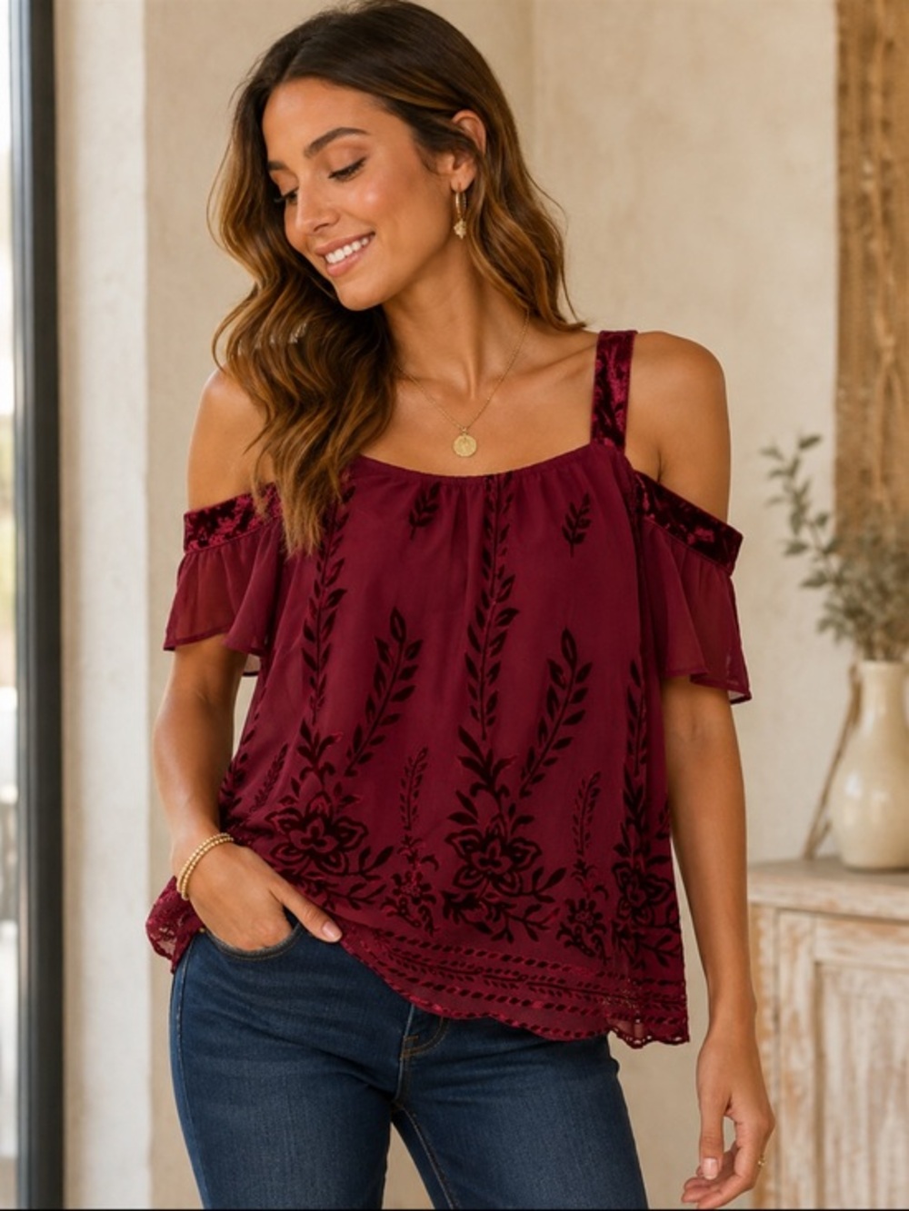 Francesca’s Burgundy Velvet Floral Off Shoulder Cold Shoulder Top Size S